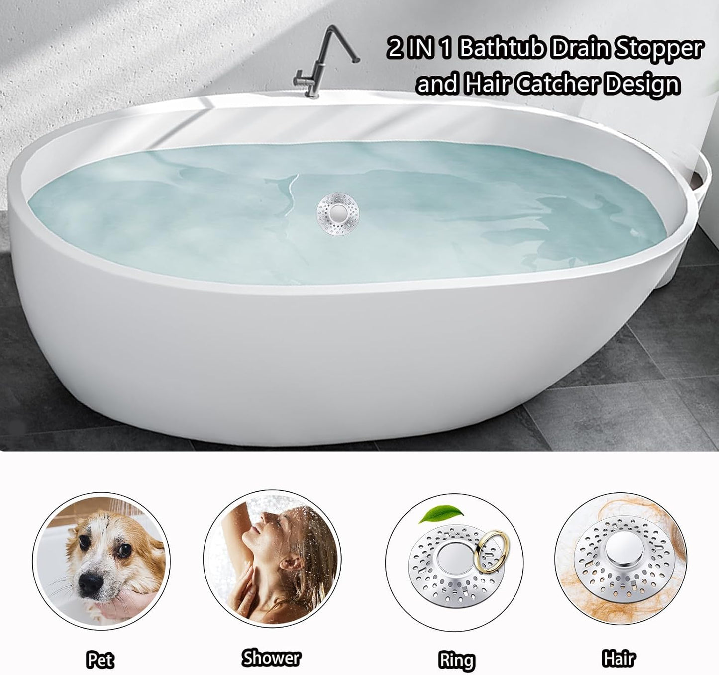 Tub Stopper Bathtub Drain Hair Catcher, 2 in 1 Bathtub Drain Stopper, Bathtub Stopper with Dual Filtration Design, Pop Up Bathtub Drain Plug for 1.4-1.9" Drain Hole