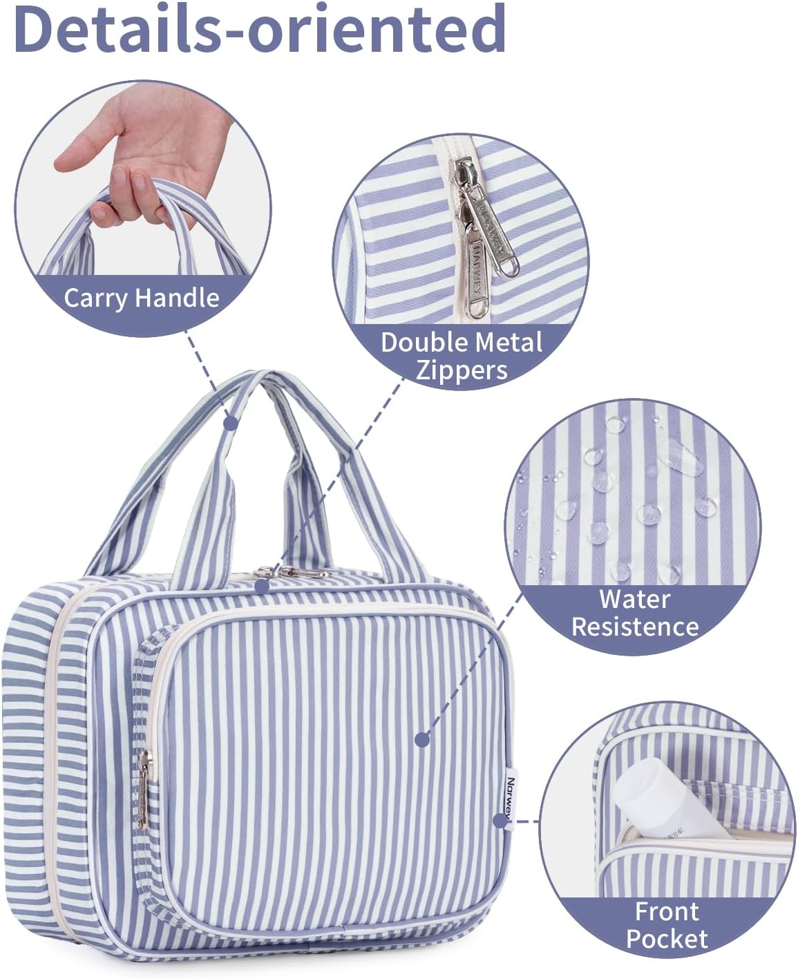Narwey Striped Hanging Toiletry Bag for Women Travel Makeup Bag Organizer Toiletries Bag for Travel Size Essentials Accessories Cosmetics (Greyish Blue Stripe (Medium))