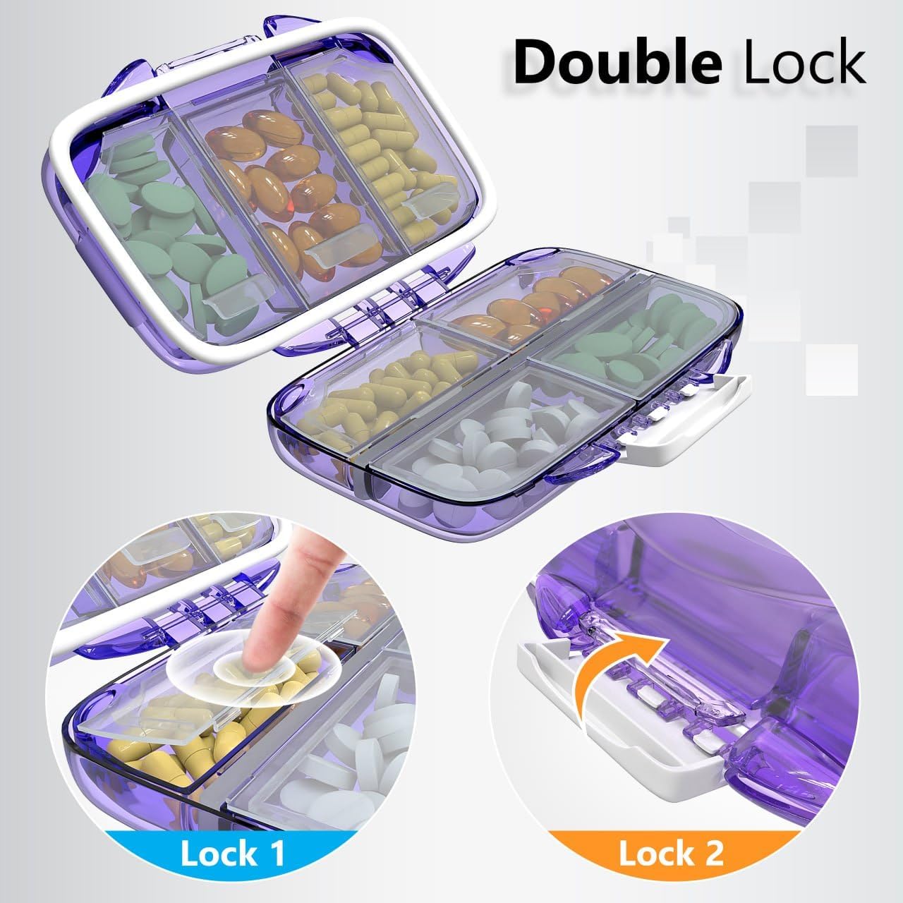 Travel Pill Organizer - Moisture Proof Portable Vitamin Holder with 7 Compartments, Compact Supplement Case for Purse Essential Medicine Kit fot Traveling Pocket Pharmacy with Labels, Purple