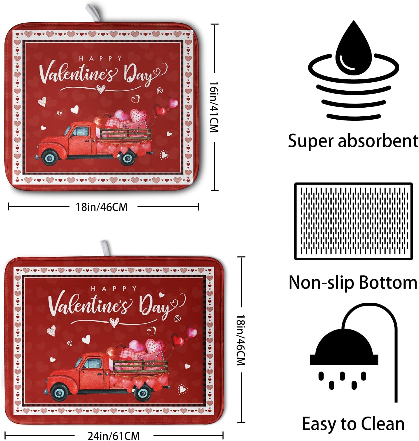 Valentine Red Truck Love Heart Dish Drying Mat 16x18 Inch Happy Valentine's Day Drying Mat for Kitchen Counter Microfiber Dish Drainer Mats Absorbent Dish Rack Pad for Home Coffee Bar Sinks