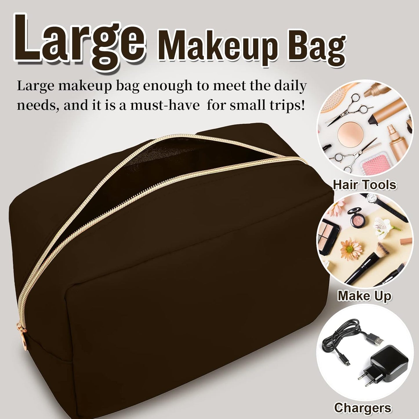 Nylon Large Makeup Bag Travel Pouch for Women, Preppy Big Makeup Bag Cute Cosmetic Zipper Pouch Purse, DIY Chenille Letter Bag Waterproof Toiletry Bag Clutch Make Up Organizer for Women Girls(Brown)