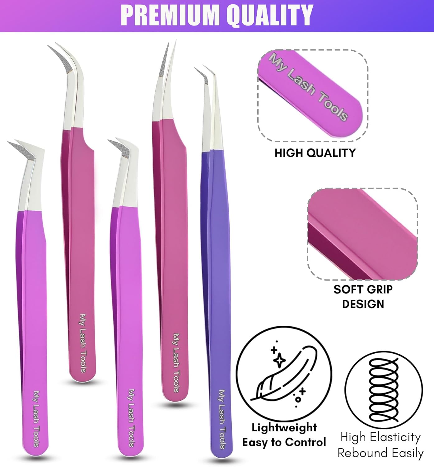 Fiber Tip Lash Tweezers Eyelash Extension Tweezers set for Lash Extensions Precision Boot Volume Eye lash Extensions Tweezers Steel Curved Isolation Tweezer fiber grip tweezers (5pcs)