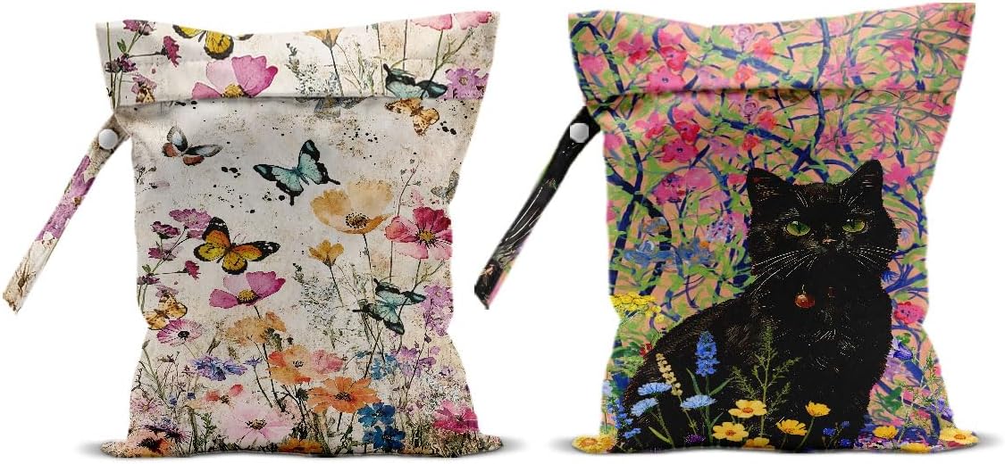 2Pcs Wet Bags, Cat Lover Gifts Wet Dry Bag Reusable for Swimsuit, Travel, Diapers, Beach, Dirty Yoga Gym Clothes, Toiletries, Makeup Bag, Waterproof Butterfly Cat Floral Print Birthday Christmas Gifts