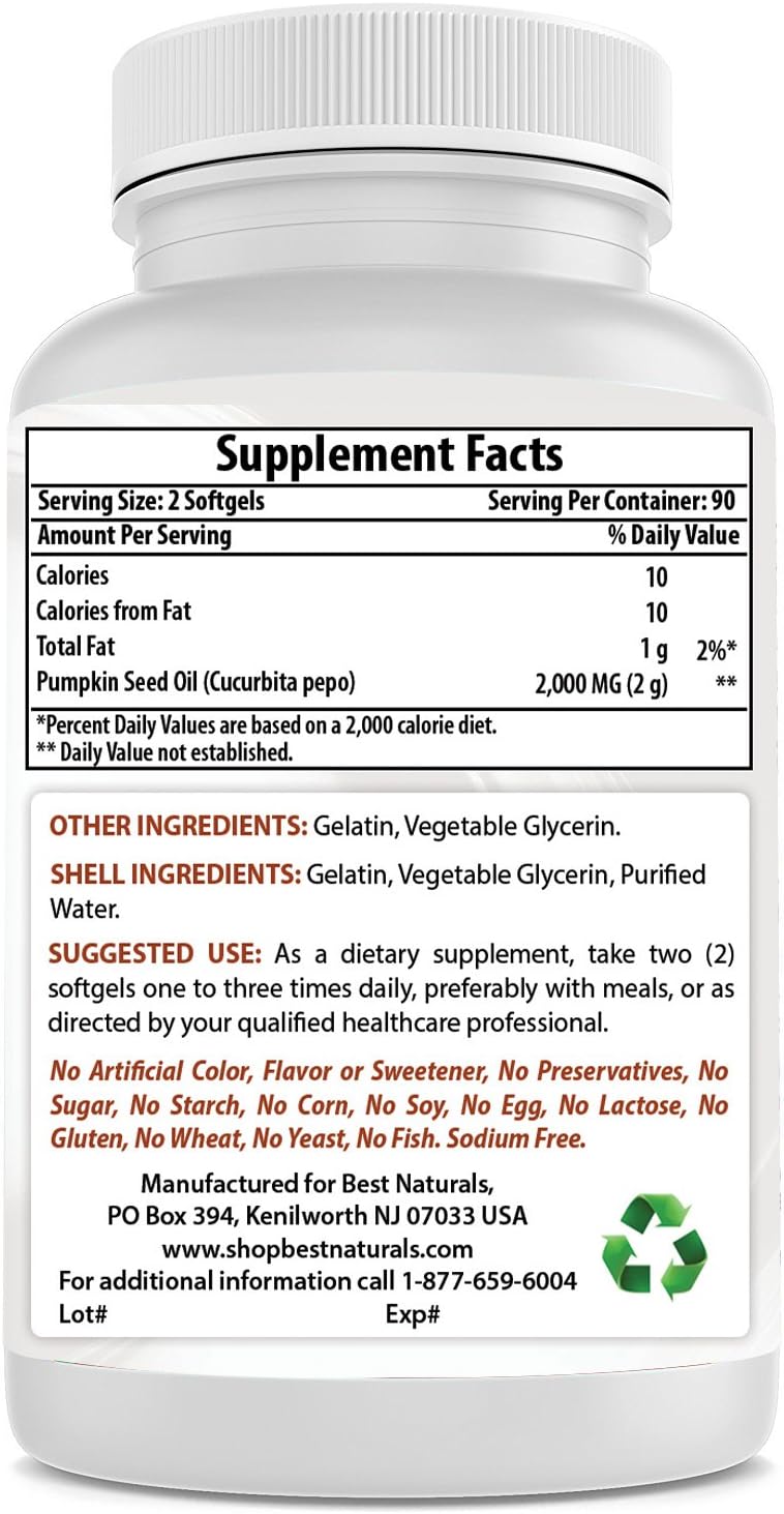 Best Naturals Pumpkin Seed Oil Bladder Control 1000 mg 180 Softgels