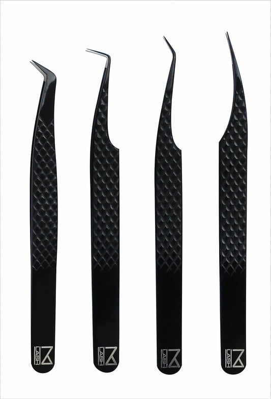 M LASH Eyelash Extension Tweezers (Set of 4) - Professional & Precision Lash Tweezers for Eyelash Extensions - Japanese Steel, Diamond Grip, Fiber Tip V3 (Black)