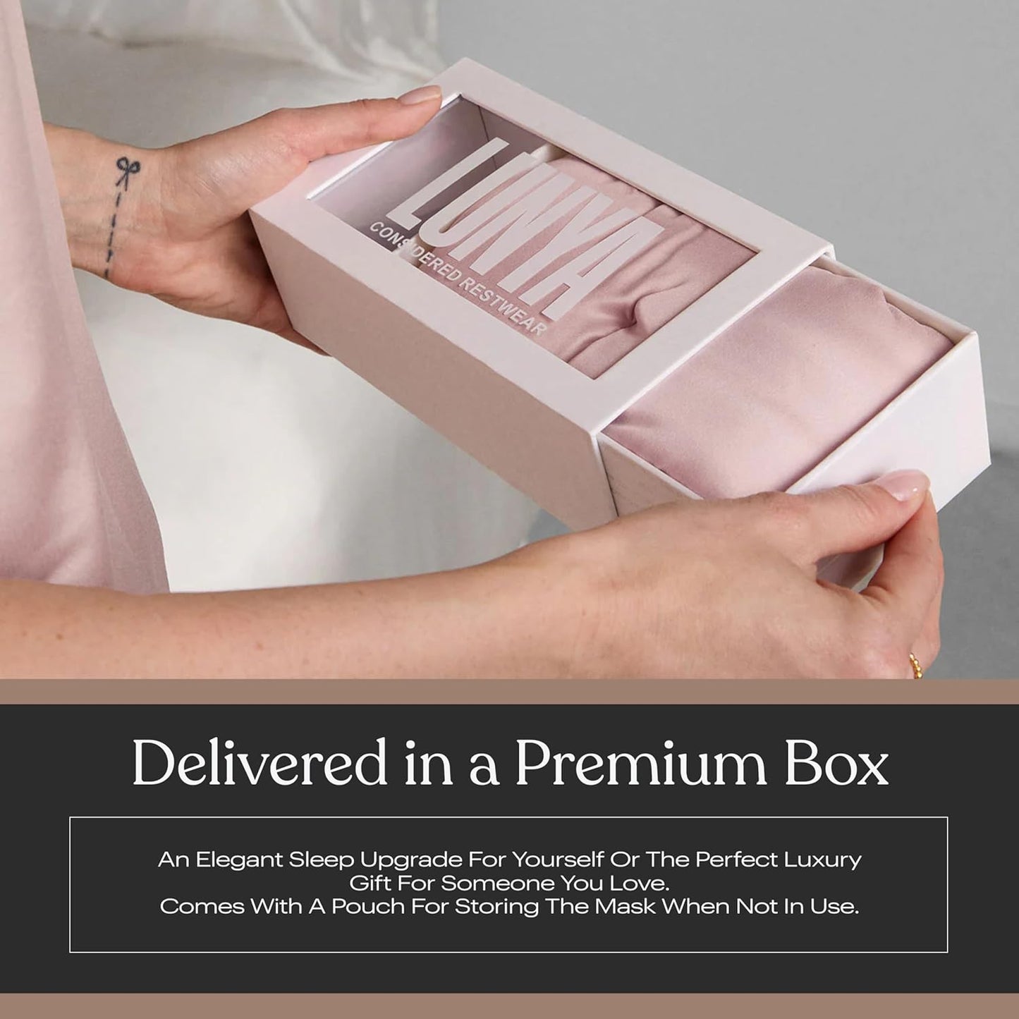 Lunya Washable Silk Sleeping Mask – Thermoregulating Mulberry Silk, Light Blocking and Comfortable Fit – Sleep Mask for Women and Men with Box – Delicate Pink – Large