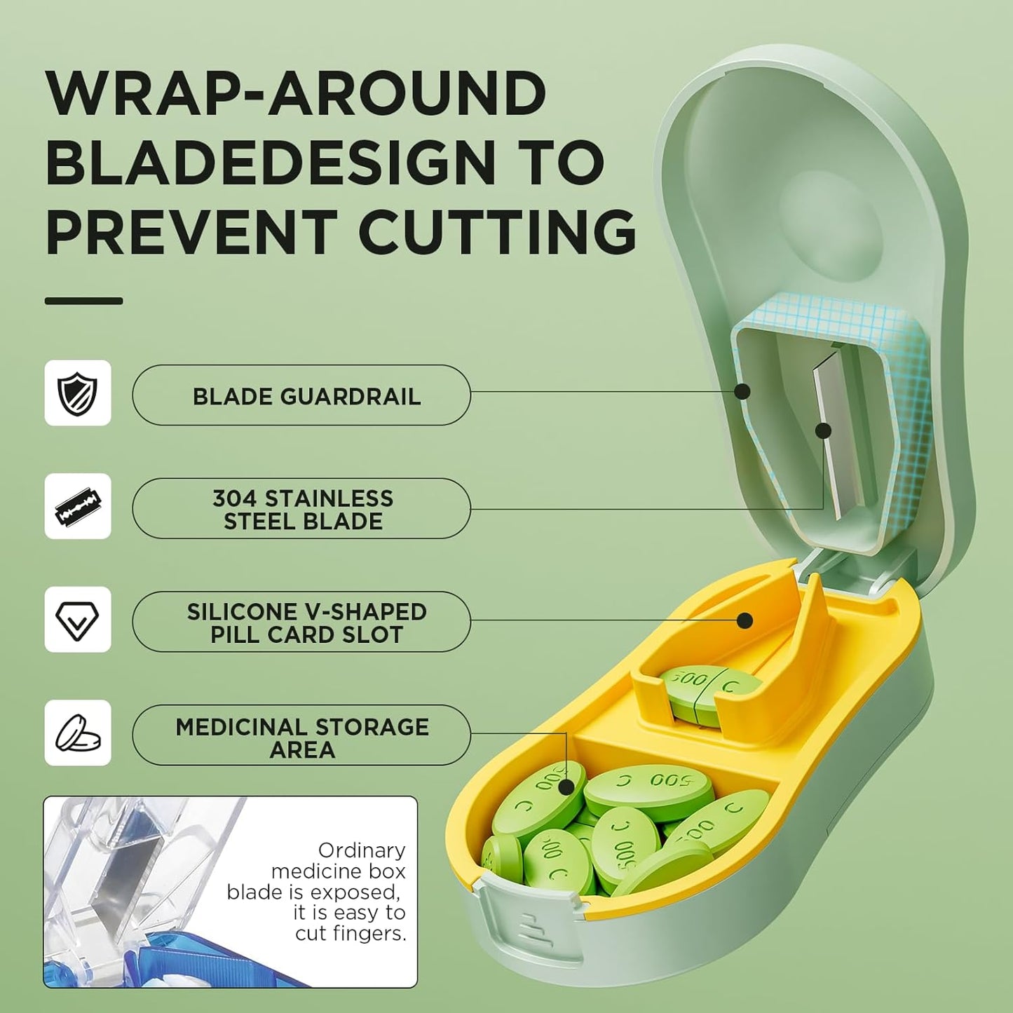 Pill Cutter for Small and Tiny Pills - Pill Splitter with Detachable Silicone Pad - Easy Open Snap Button. Wrap-Around Blade Guard Prevents Cuts. Back Storage (Green)
