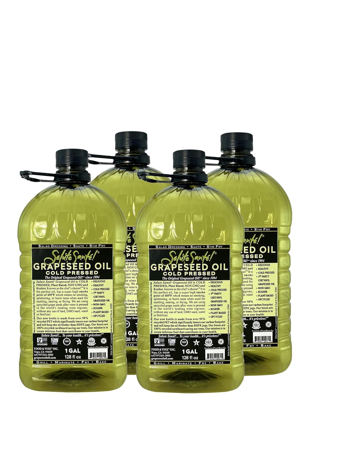 Cold Pressed Grapeseed Oil by Salute Sante! High Temperature Cooking, Healthy Grape Seed Oil, Non-GMO and Kosher for Salad Dressings, Marinades and Dips, Vegan, 1 Gallon, 4 Pack