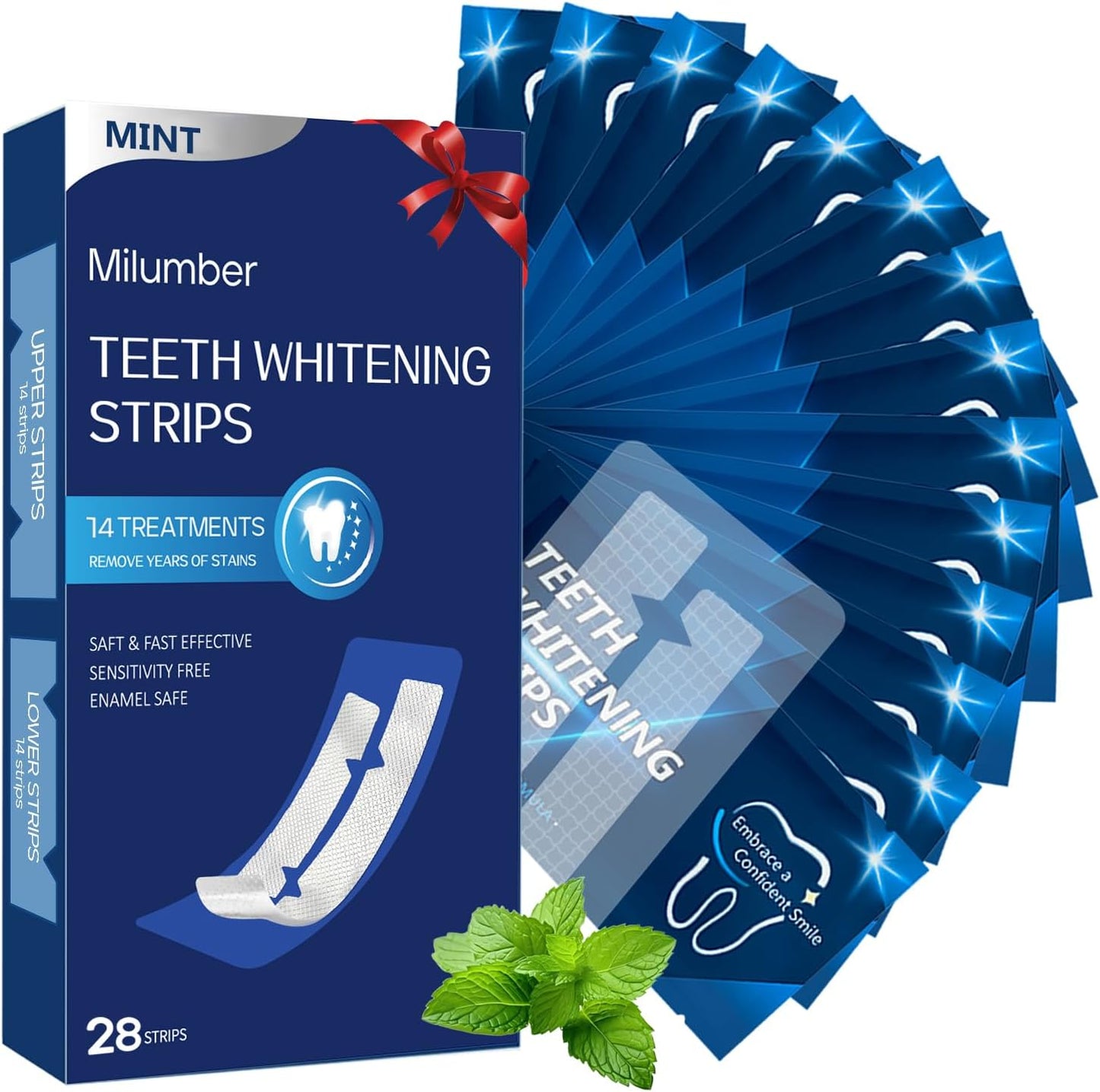 Teeth Whitening Strips for Sensitive, 28 Strips Whitener Safe Whitestrip, Deep Stains Removal Tooth Whitening, Enamel Safe Non-Slip Dry Strip Technology for Whiter Teeth, Mint