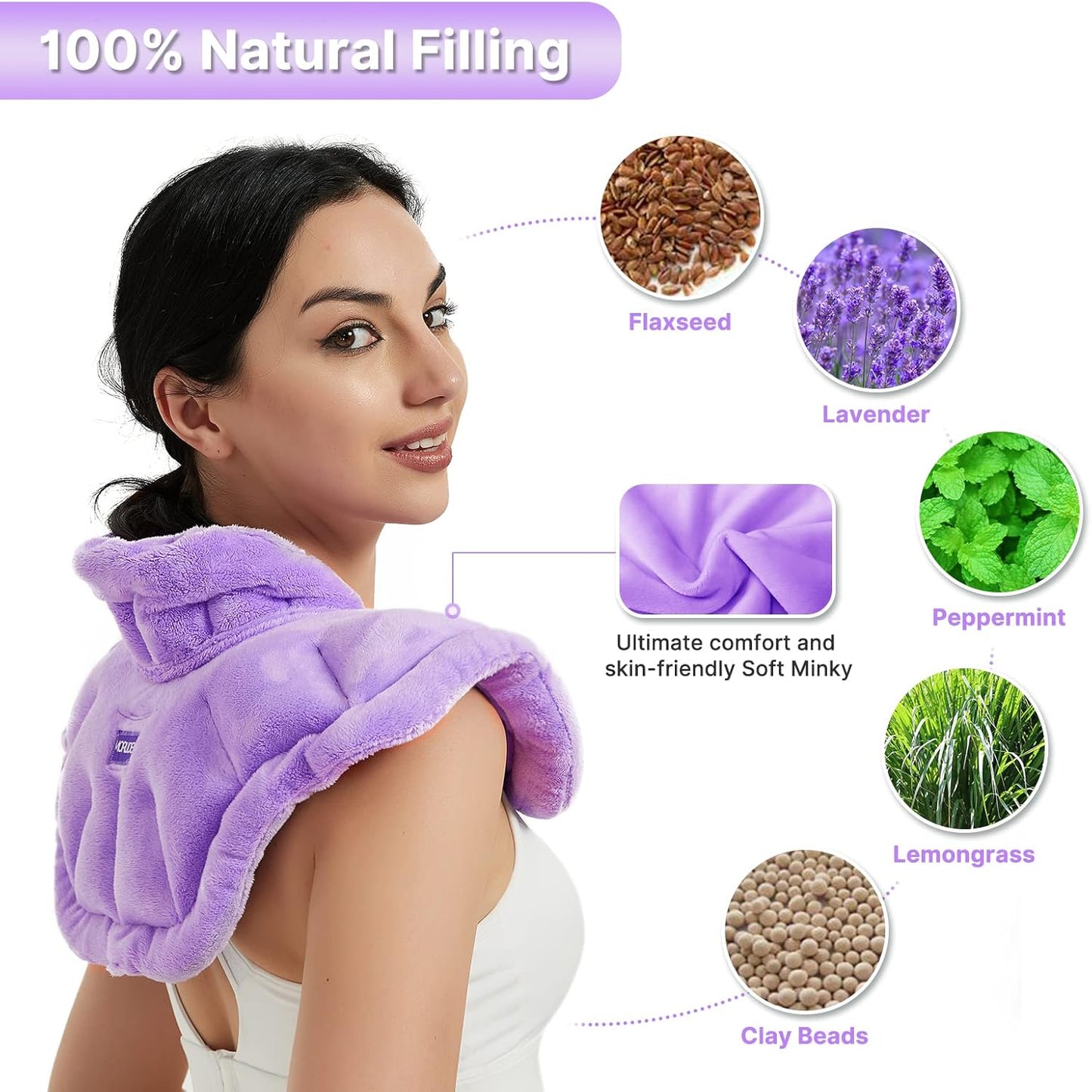 Neck Heating Pad Microwavable for Shoulders, Warmer Wrap Microwave Heating Pad for Neck and Shoulders for Pain Relief - Purple