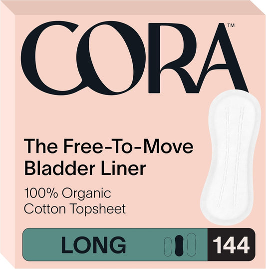 Cora Ultra Thin Organic Bladder Liners | Incontinence & Postpartum Pads for Women | Panty Liners for Bladder Leaks | Breathable Cotton (144 Long)