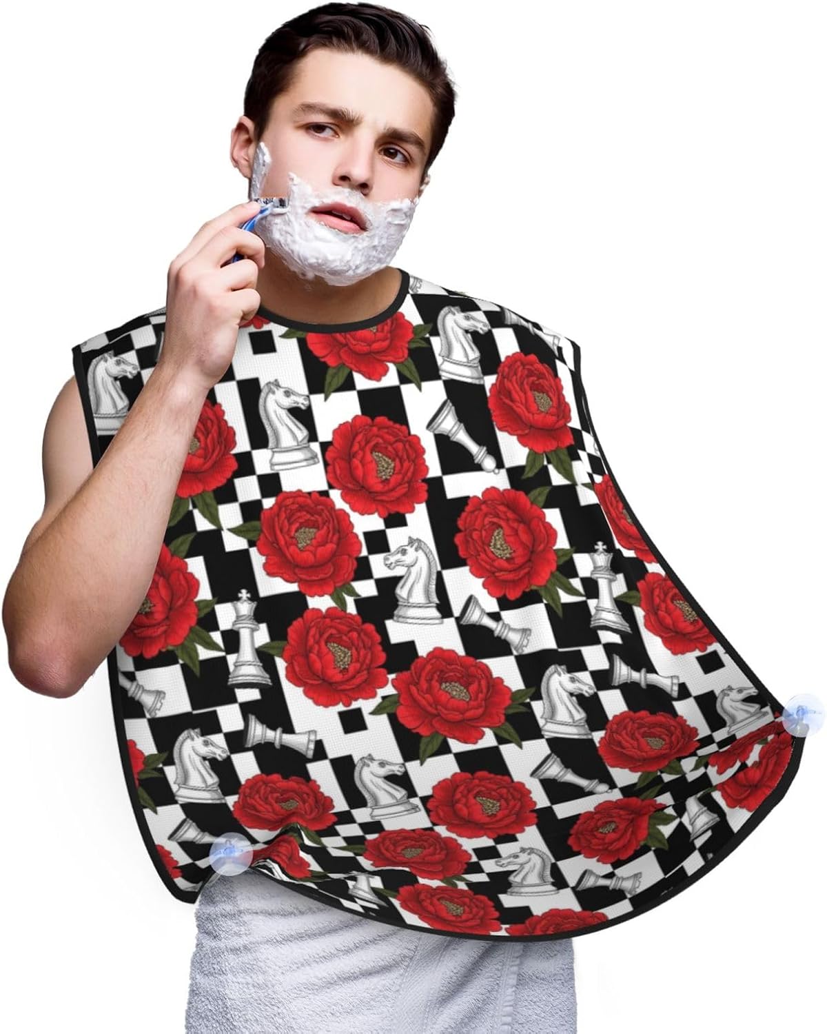 Beard Hair Catcher for Men, Waterproof Shaving Bib Apron Non-Stick, Trimming Tool for Dad Husband, Red Peony Flowers Black White Chess Checkered Horse Floral Shave Bib