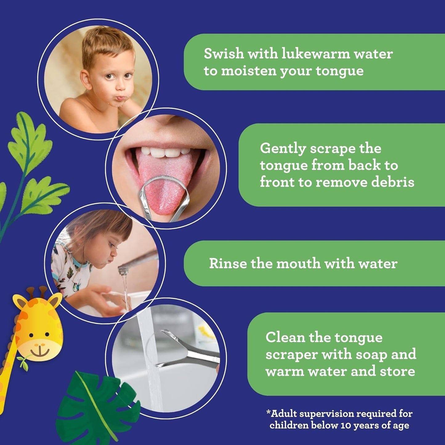 GuruNanda Kids Tongue Scraper (2-Pack) with Travel Case, Stainless Steel, Aids in Fresh Breath - Travel-Friendly Tongue Cleaner (Green/Pink/Orange)