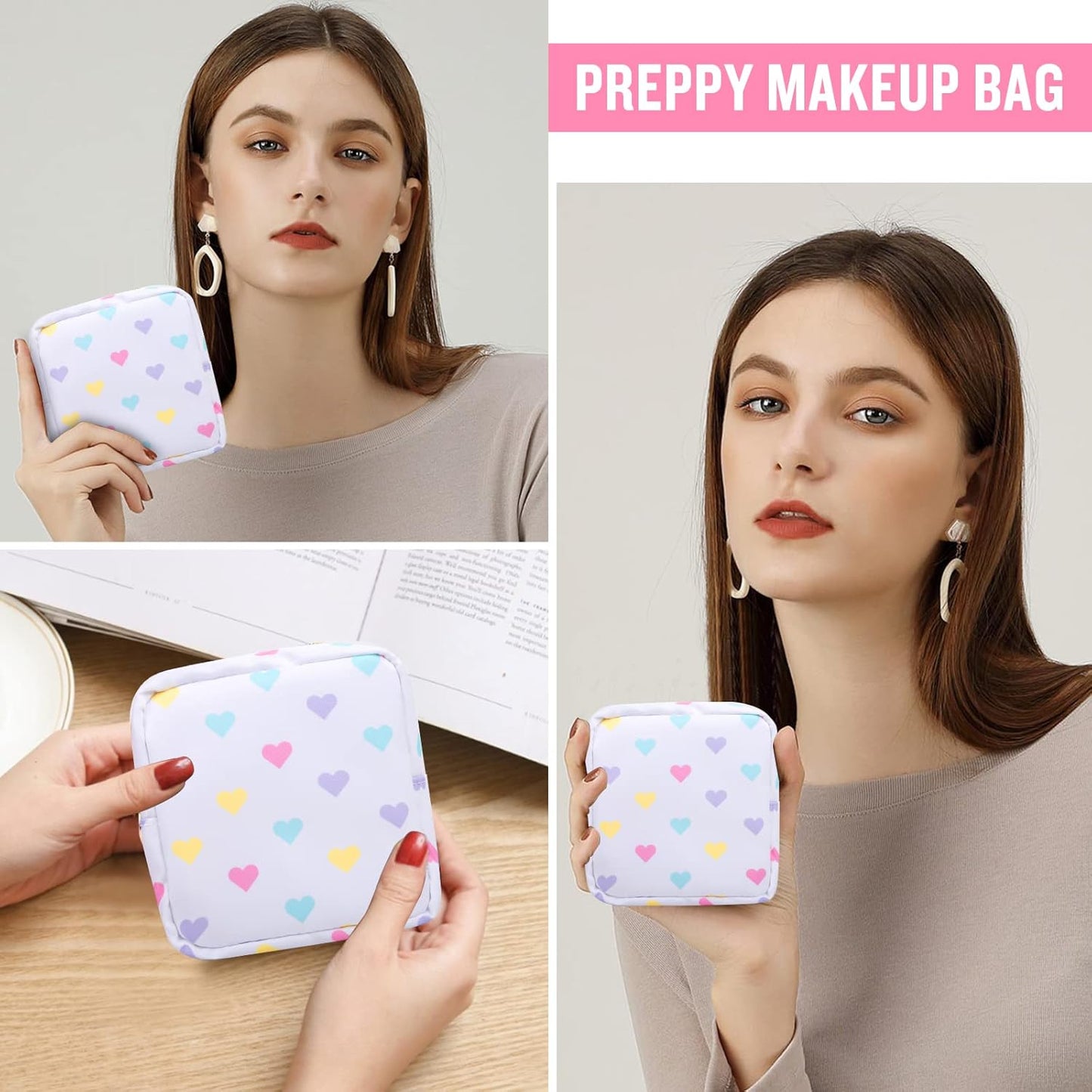 Nylon Mini Preppy Cute Makeup Bag - White Heart: Waterproof Zipper Pouch for Travel, Storage - Small Cosmetic Purse Organizer