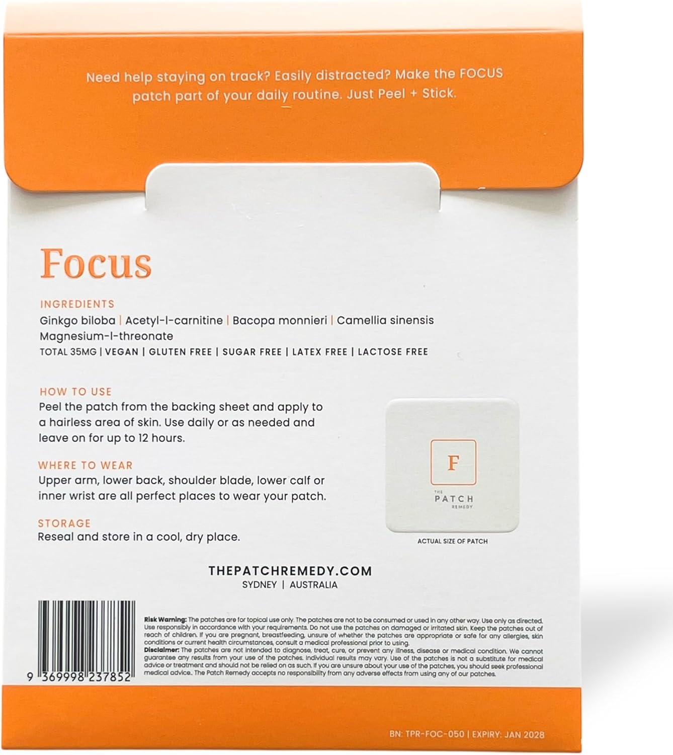 Focus Patch | Ginkgo Biloba, Acetyl-L-Carnitine, Bacopa, Magnesium L-Threonate, Green Tea | 30 Patches