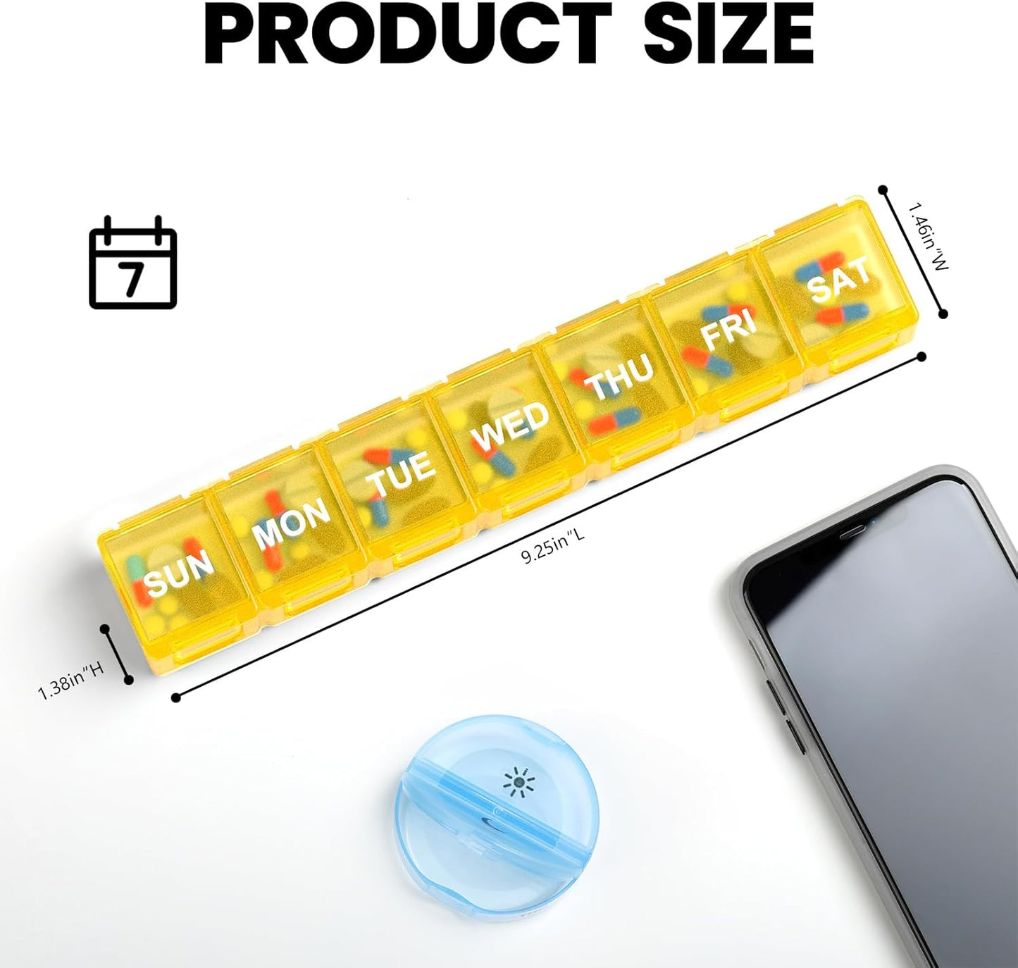 Sukuos Extra Large Daily Pill Organizer 7 Day, Easy to Open Weekly Pill Box Case, Portable Medicine Organizer with Clear Lid for Vitamins, Fish Oils or Supplements (Yellow)