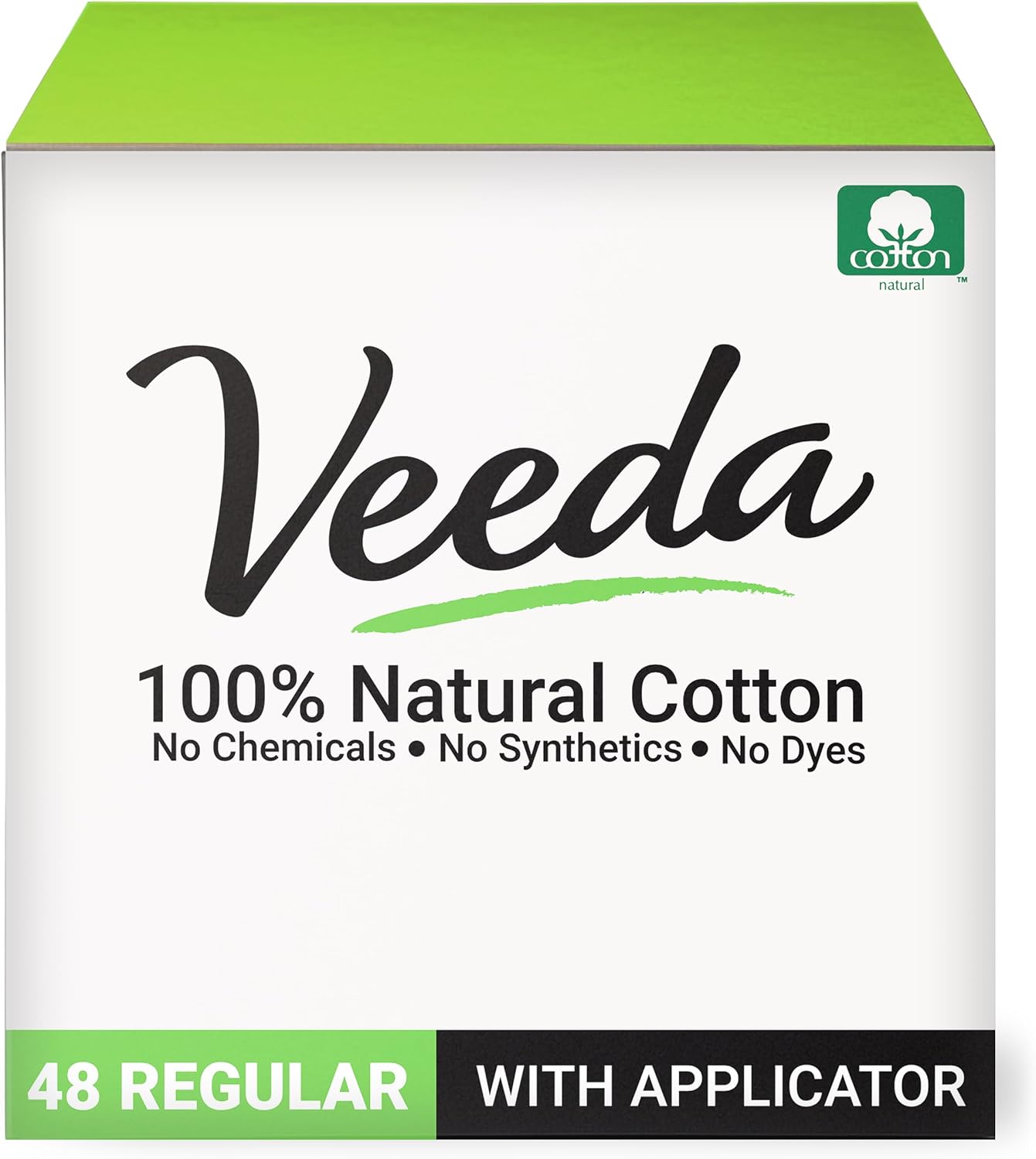 Veeda 100% Natural Cotton Tampons - Regular Absorbency with leak proof protection - Compact BPA-Free Applicator - Unscented & Free from Chlorine, Toxin - 48 Count