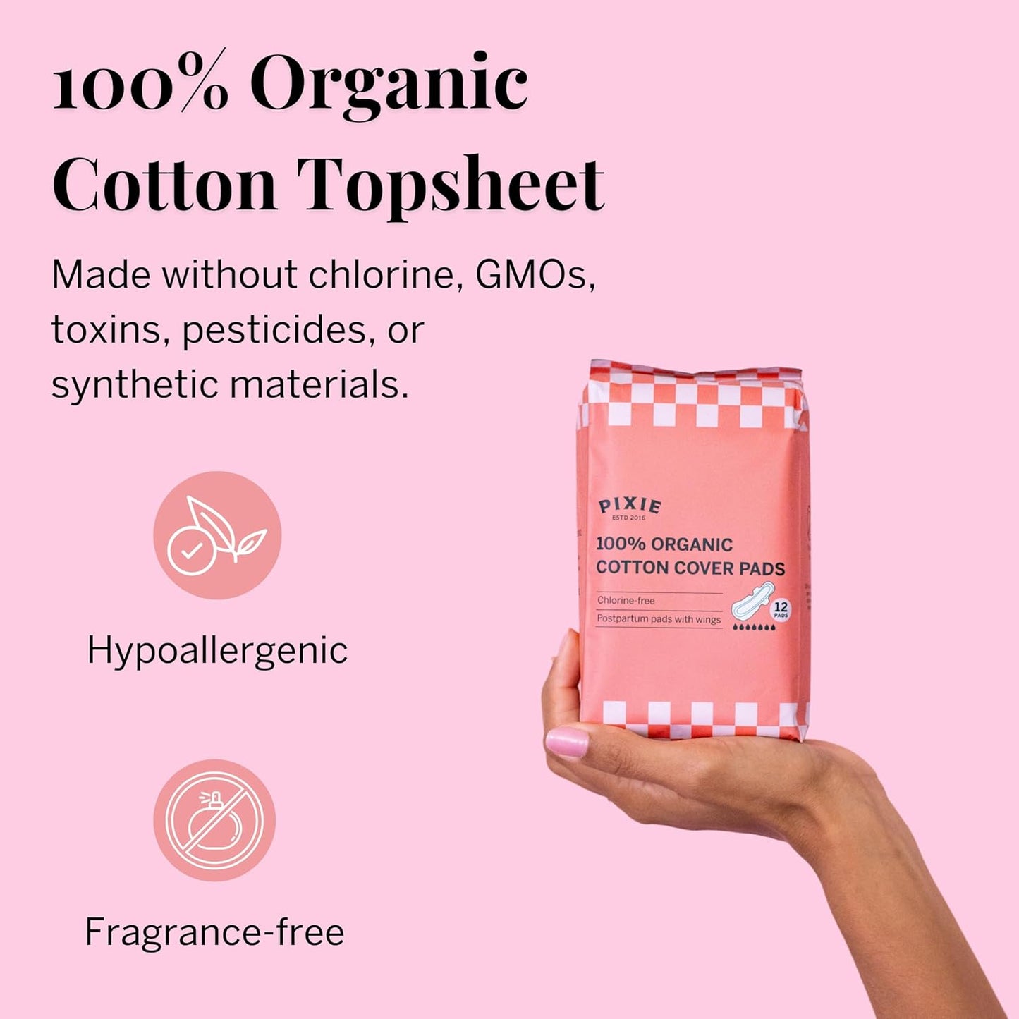 Pixie Organic Cotton Postpartum Pads for Women - Extra Heavy Absorbency with Wings - Leak-Proof, Hypoallergenic & Unscented - Compostable, Biodegradable - 12 Count