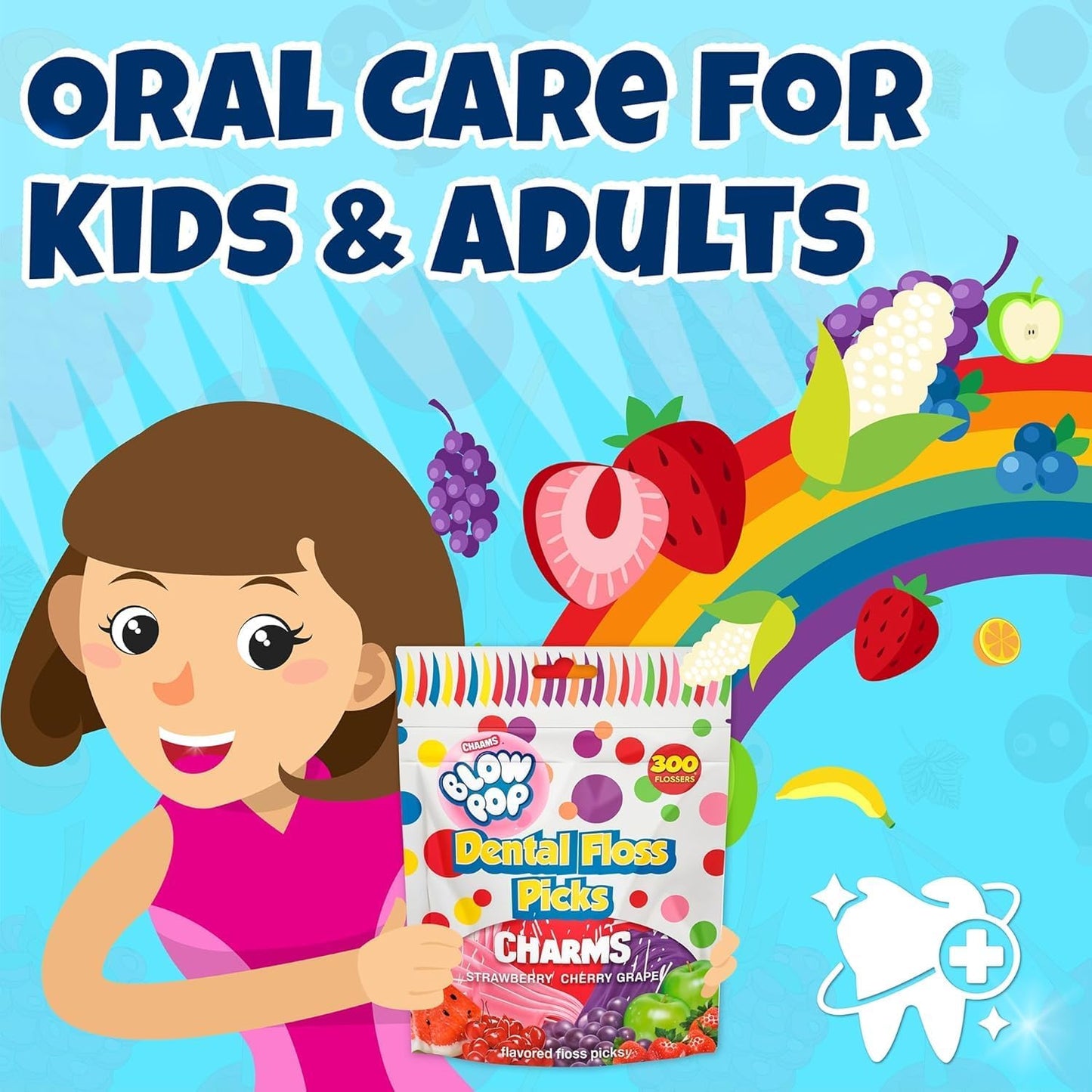 Flavored Floss Picks, 300 Count, Dental Floss Picks for Teeth with Fun Fruit Flavors, Flosser Picks for Adults and Children, | Strawberry, Cherry & Grape Flavor