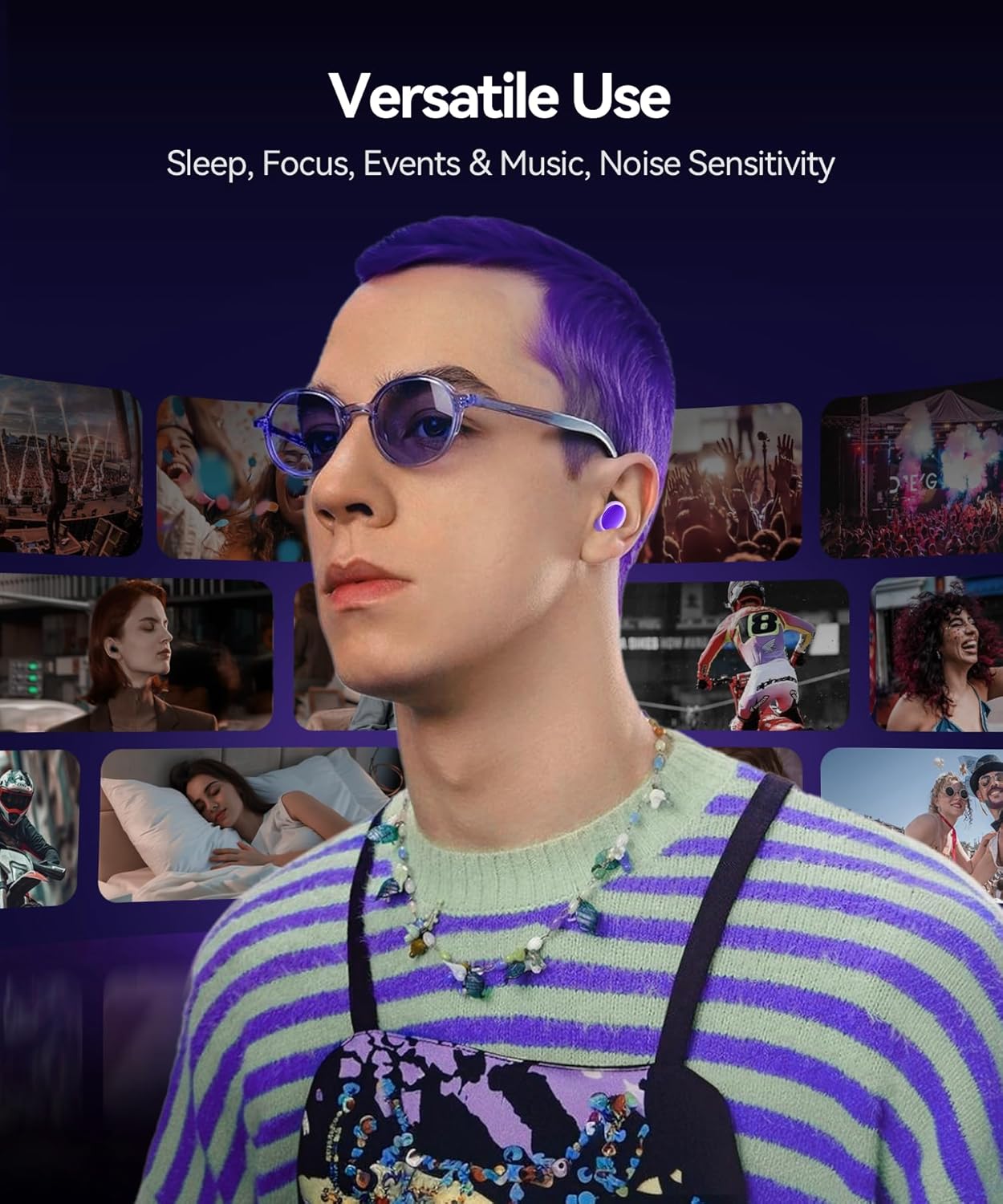 Ear Plugs for Sleeping 45dB Noise Cancelling Ear Plugs for Concerts & Noise Reduction, Earplugs for Sleep, Snoring Airplane Musician Calmer, Silicone Earplugs Reusable Concert Ear Plug +8Tip Violet