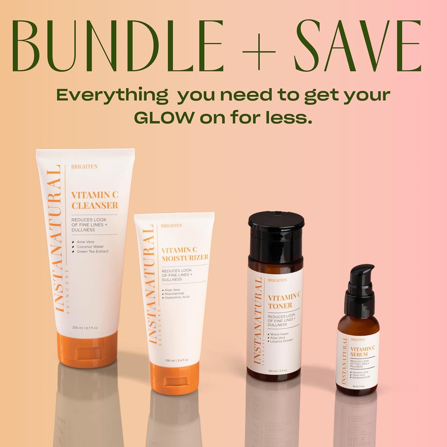 InstaNatural Vitamin C Four Step Skin Care Set with Face Wash, Toner, Serum & Moisturizer | All Natural Brightening & Hydrating Routine with Botanical Extracts – 1.68 Fl Oz (Pack of 4)