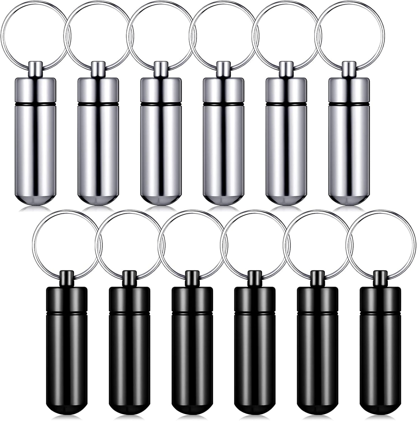 Patelai 12 Pcs Portable Keychain Pill Holder Mini Pocket Pill Case for Men Women Aluminum Geocache Containers Waterproof Metal Medicine Bottle Organizer for Outdoor Camping Travel(Black and Silver)