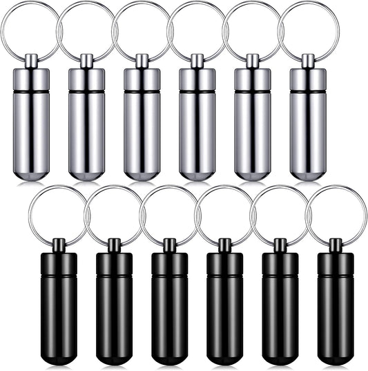 Patelai 12 Pcs Portable Keychain Pill Holder Mini Pocket Pill Case for Men Women Aluminum Geocache Containers Waterproof Metal Medicine Bottle Organizer for Outdoor Camping Travel(Black and Silver)