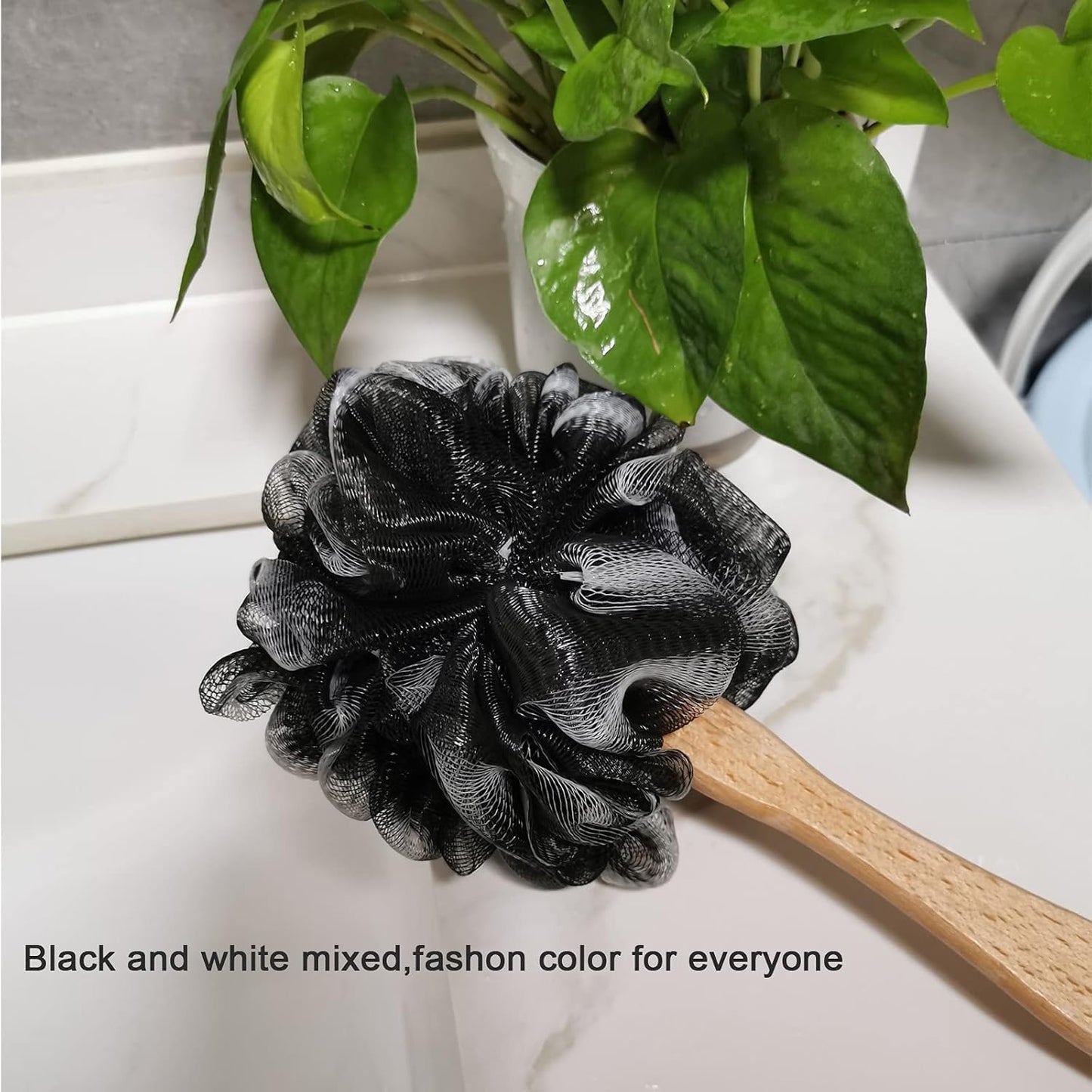 Shower Sponge Loofah Back Scrubber, Soft Mesh Body Scrubber with Wooden Handle, Bath Sponge for Women Kids (Black)