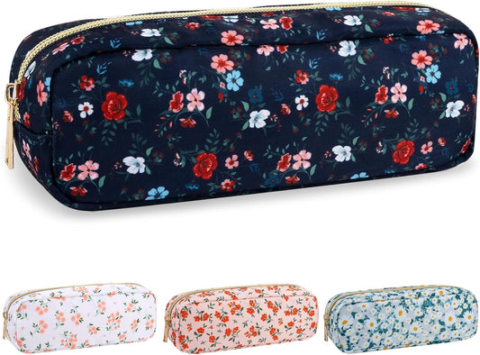 Nylon Small Floral Makeup Bag Slim Pouch, Preppy Cute Travel Makeup Brush Case Cosmetic Zipper Pouch for Purse, Waterproof Toiletry Bag Makeup Organizer Travel Essentials for Women(Navy Blue-Flower)