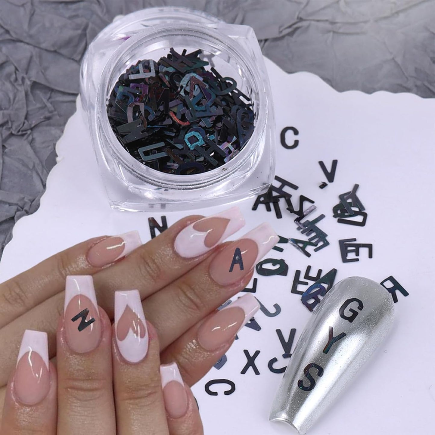 3 Colors Nail Art Glitters & Sequins - Black & Purple Letter Shaped Nail Sticker for Women's Manicure DIY