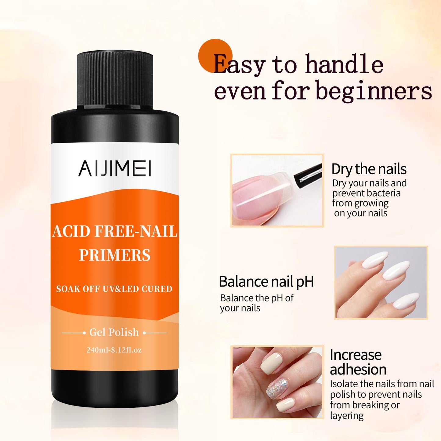 AIJIMEI 240ml Nail Primer for Gel Polish Nail Primer for Stronger Nails, Nail Care Compatible with All Polishes Nail Art Enhance Adhesion and Extend Gel Manicure Wear 8 Fl Oz