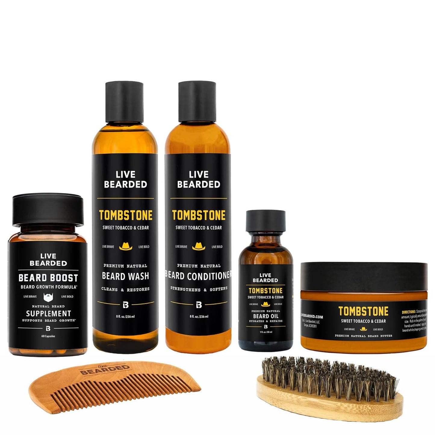 Live Bearded Total Beardsman Kit - Complete Beard Growth Kit for Men - Beard Oil, Butter, Wash, Conditioner, Vitamins, Comb, Brush | Tombstone - Sweet Tobacco, Cedar