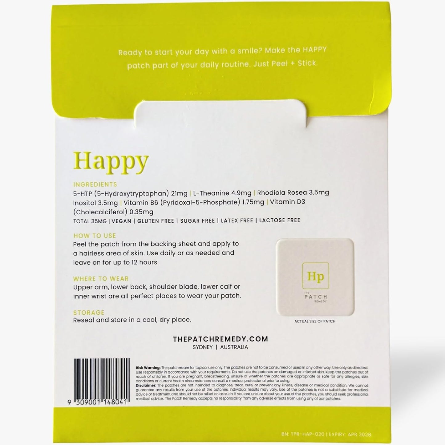 Happy Patch | 5-HTP, L-Theanine, Rhodiola, Inositol, B6, Vitamin D3 | 30 Patches