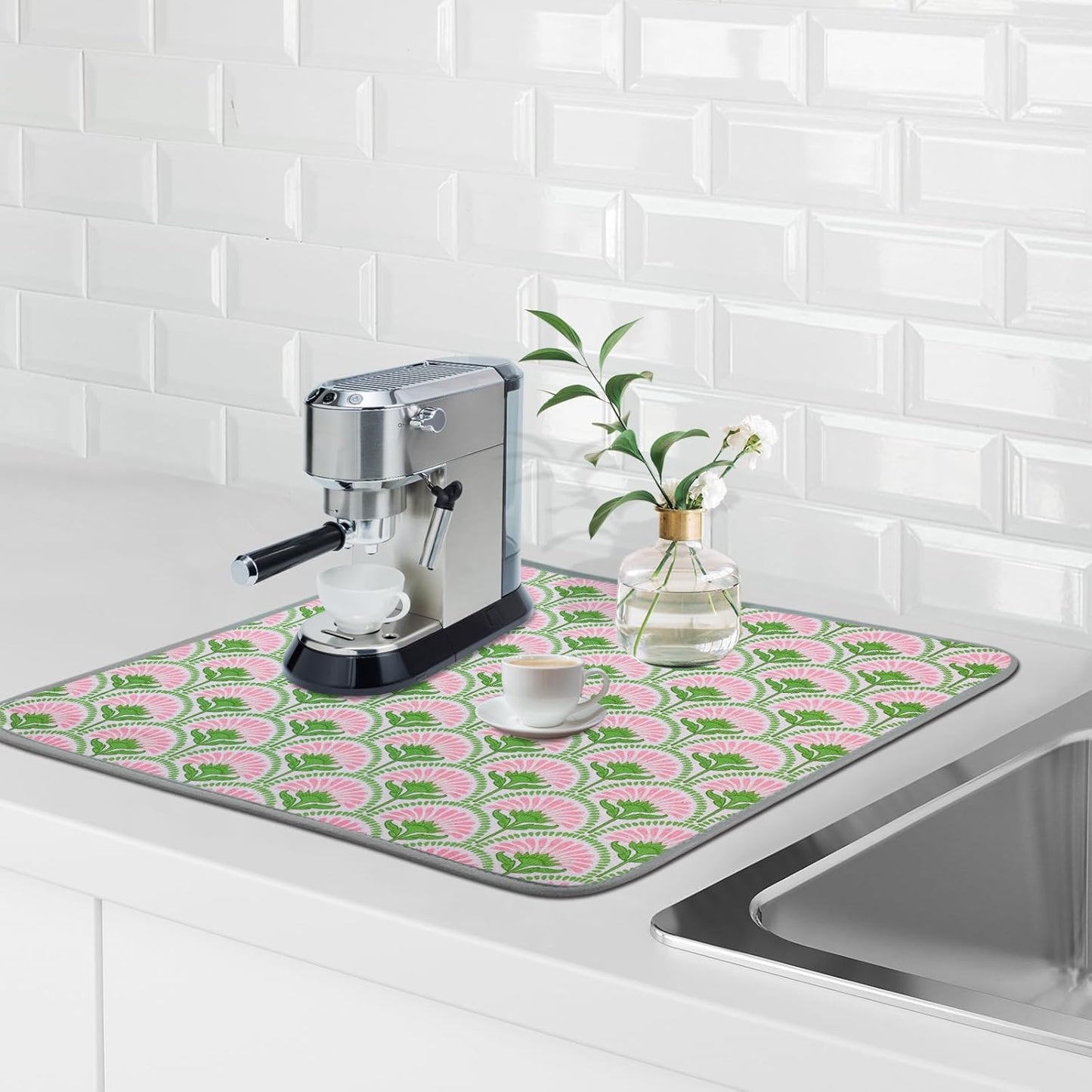 SHIYUE Dish Drying Mat for Kitchen Counter Super Absorbent Spring Kitchen Decor Microfiber Drying Matainers Rack Fast Pad Dish Drainer Mats(Bohe Flower,18''x24'')
