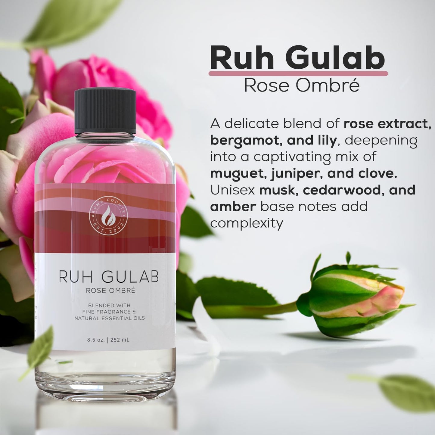 Aroma Country Ruh Gulab Diffuser Oil - Luxury Essential Oils for Diffuser Refill & Air Freshener Room Spray - Long-Lasting & Natural Home Fragrance, Damask Rose Scented Oil for Diffusers (8.5 Fl. oz)