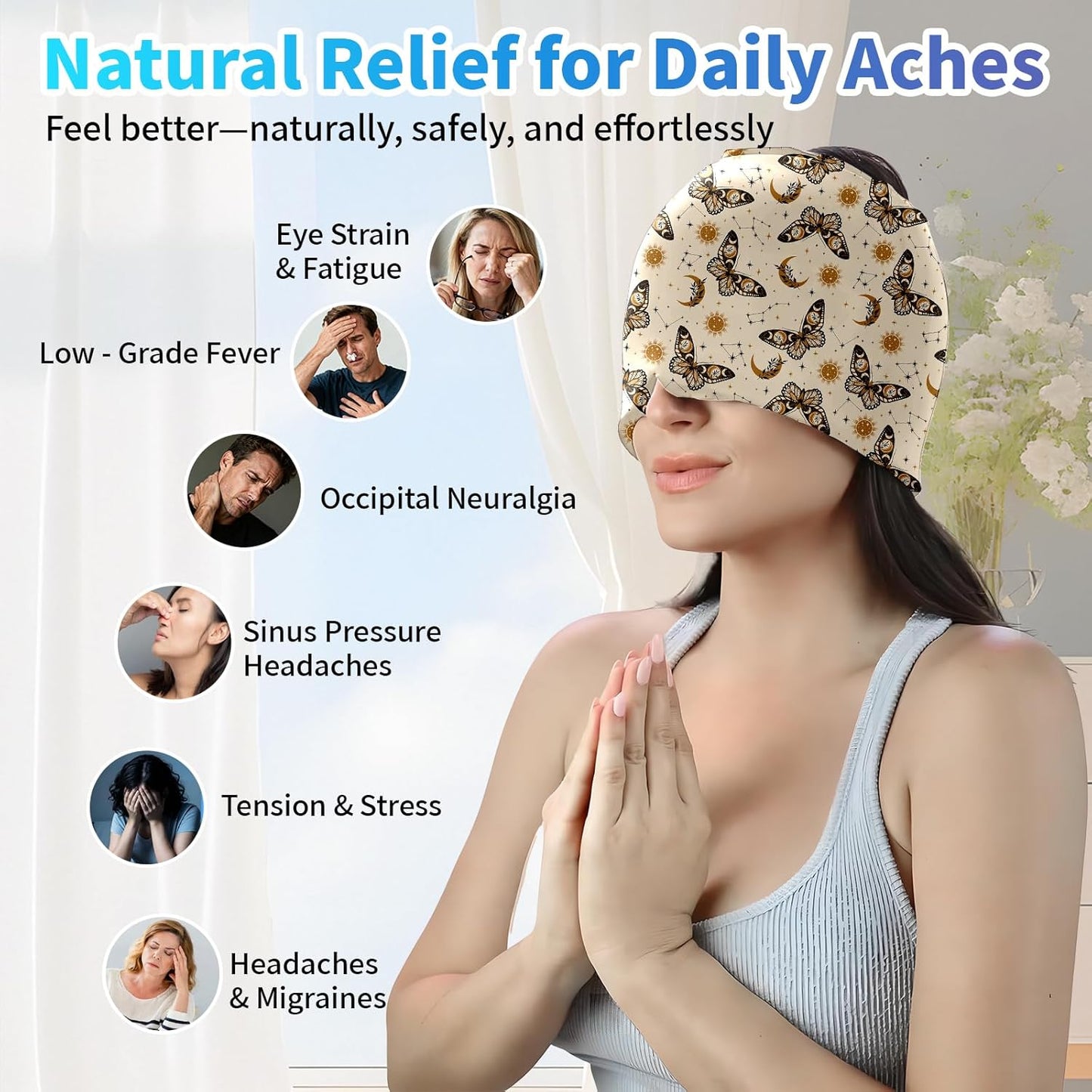 Migraine Relief Cap,Headache Relieve Cap,Beige Boho Butterfly Reusable Gel Ice Head Wrap Cap for Tension,Stress,Hangover & Puffy Eyes.
