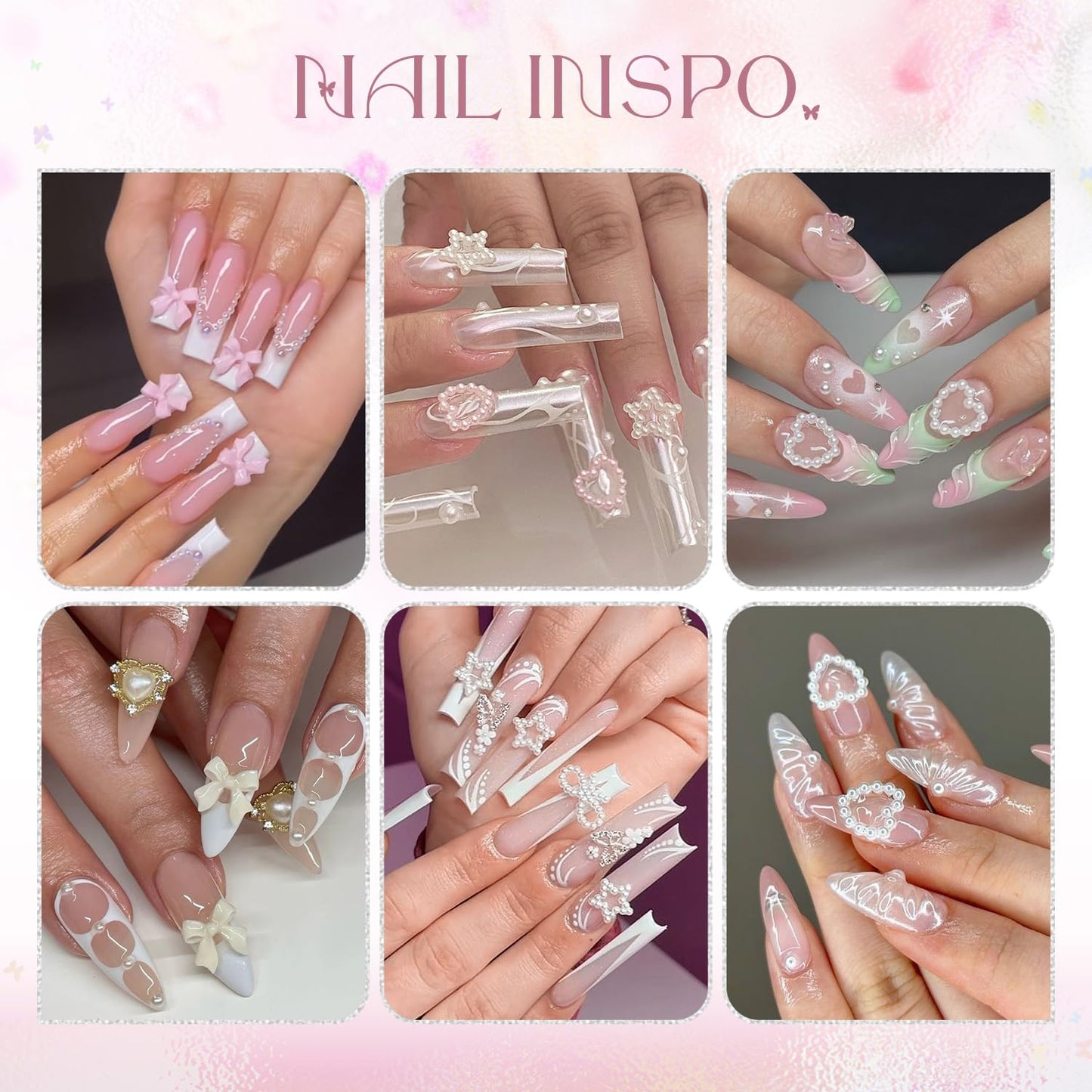 3D Nail Charms and Gems Set 10 with Rhinestone Glue, 20PCS Chunky Butterfly Charms + 60PCS Nail Bows in 2 Styles + 3D Flowers with Crystals, Pearls, Diamonds, and Picker Tools for Y2K Nail Decor