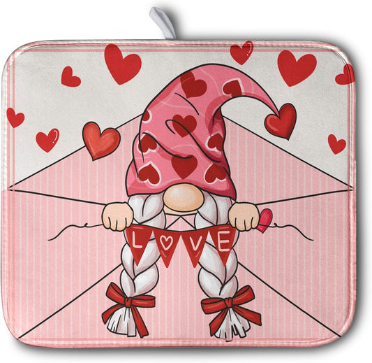 Valentine's Day Love Letter Dish Drying Mat for Kitchen Counter, Love Letter Gnome Absorbent Dish Pad Large Dish Drainer Mats for Countertop 16x18 Inch