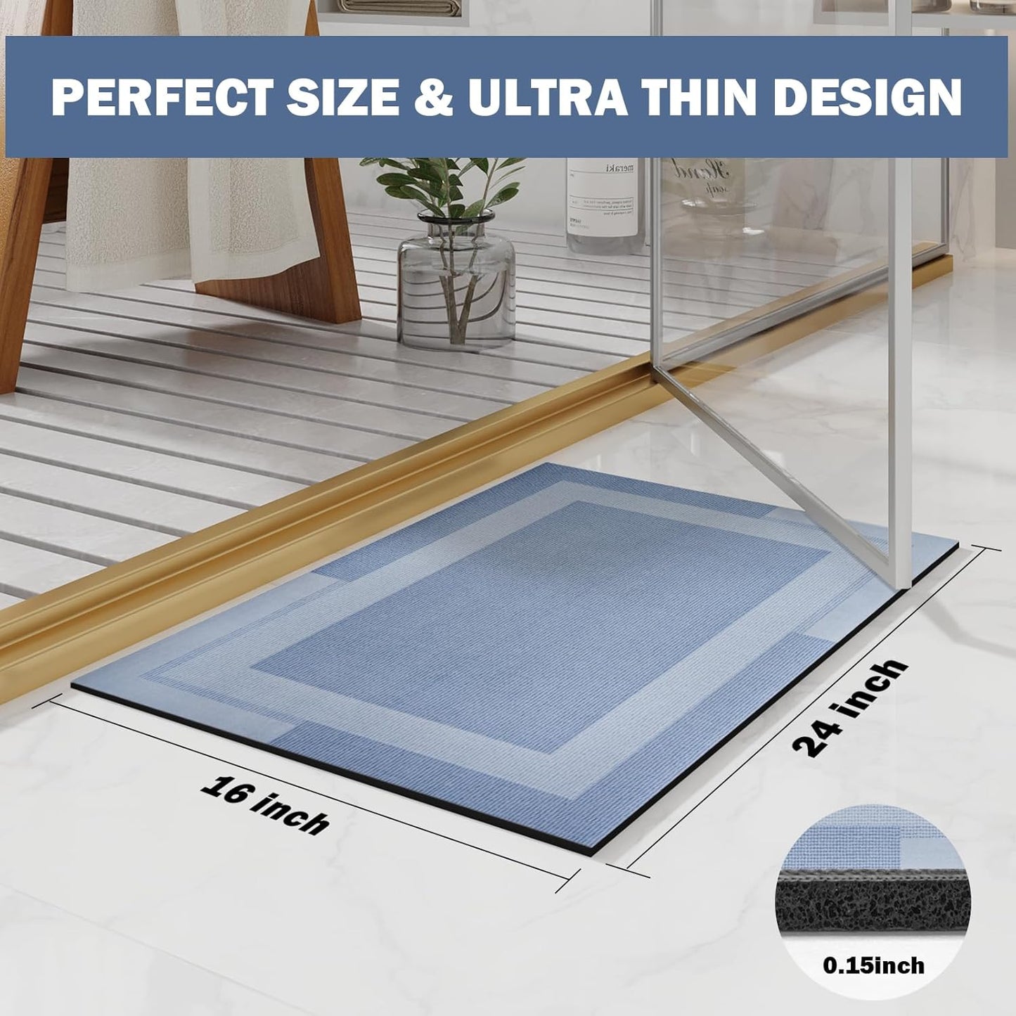 Non Slip Bath Mat, Rubber Backing Ultra Thin Bathroom Rugs Fit Under Door Quick Dry Super Absorbent Washable Bath Rug Shower Mat for Bathroom Floor Bathtub Shower Sink, Easy Care Blue 16"x 24"