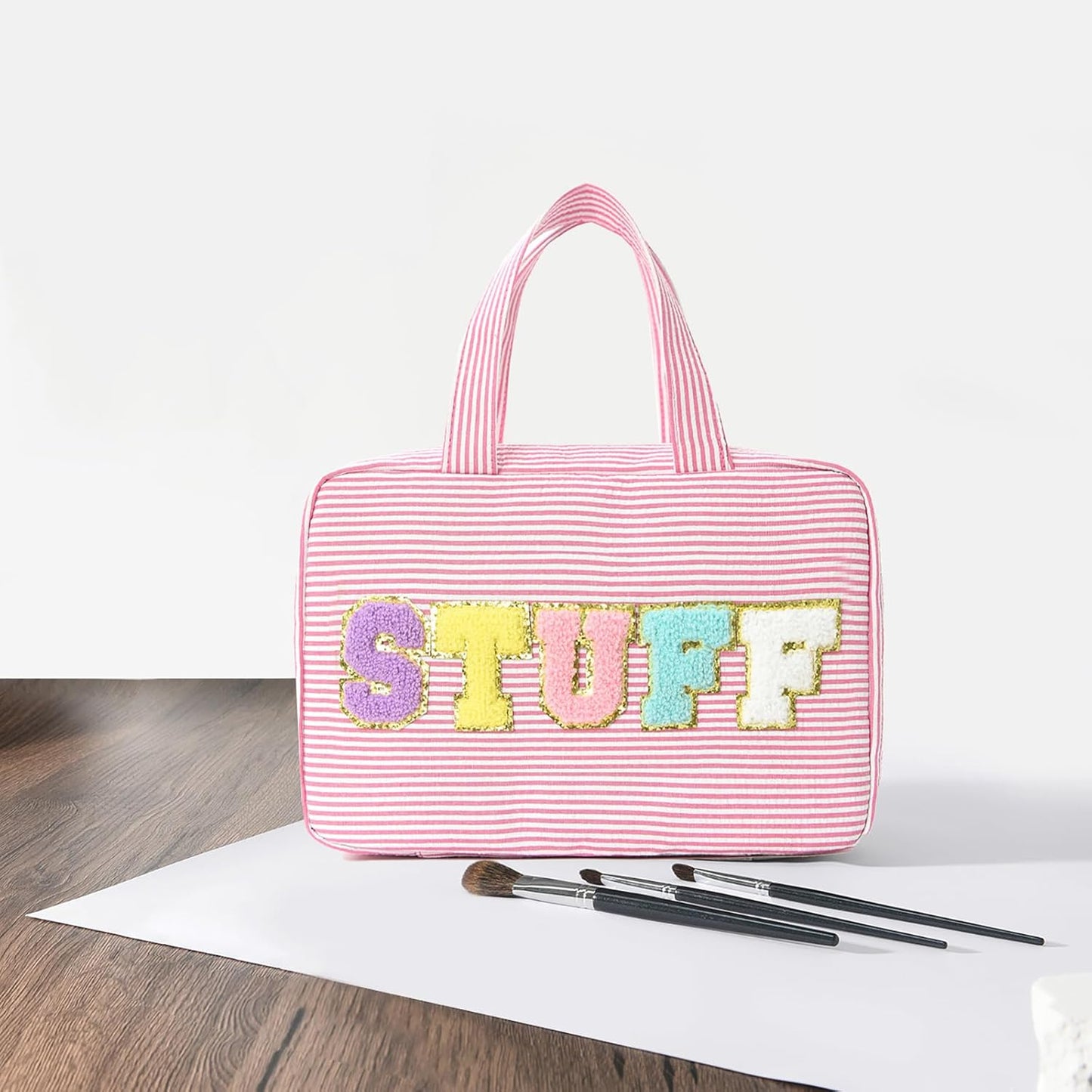 Travel Toiletry Bag for Women Chenille Letter Cosmetic Bag Fashion Stripes Water-resistant Makeup Bag with Hanging Hook for Store Toiletries Cosmetic Accessories Large Capacity Pink