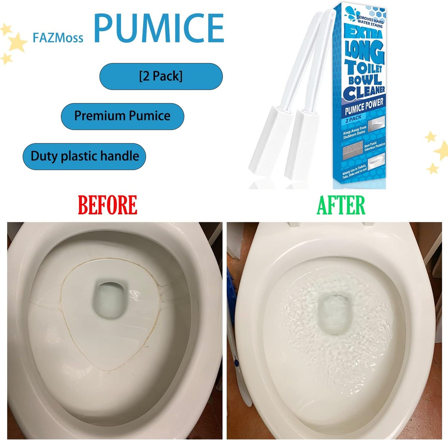 2 Pack Pumice Stone for Toilet Cleaning, Extra Long Handle for Removing Bowl Ring, Pool, Bathroom, Toilet Brush (White)