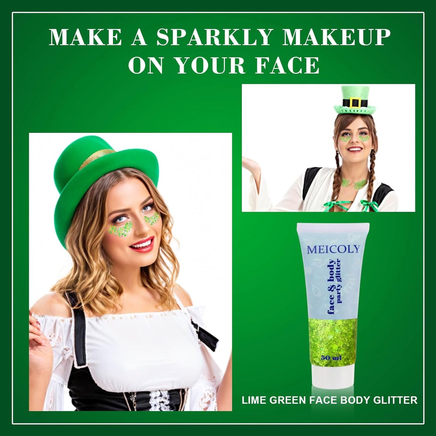 MEICOLY St Patricks Day Accessories,St Patricks Day Outfits for Women,Lime Green Face Glitter,Light Green Body Glitter,Glitter Face Paint for Party Festival,Chunky Glitter Makeup for Face/Body/Hair