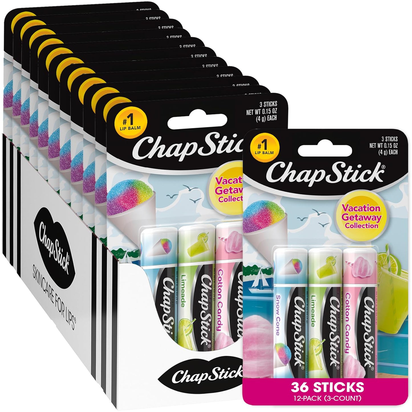 ChapStick Bulk Lip Balm, Vacation Getaway Collection, 3-Packs (12 Sets/36 Tubes) – Fun & Flavorful Lip Care, Birthday Gifts, Party Favors, Stocking Stuffers, 0.15 Oz Ea