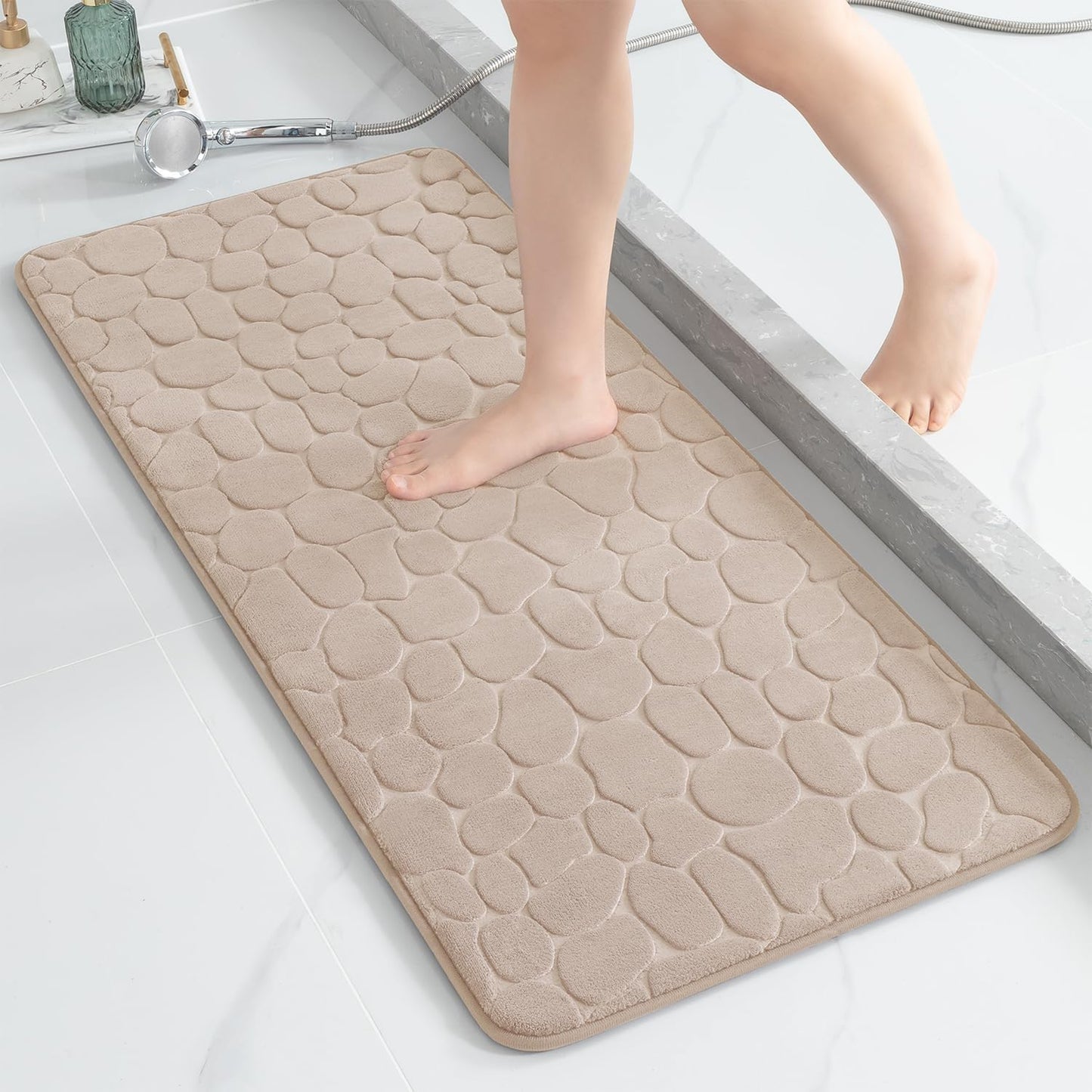 YIHOUSE Memory Foam Runner Rug, Cobblestone Bathroom Runner Rugs Super Water Absorbent Bath Mats for Bathroom Machine Washable Bath Rugs Runner for Hallway Bedroom Laundry Room(20 x 47,Khaki)