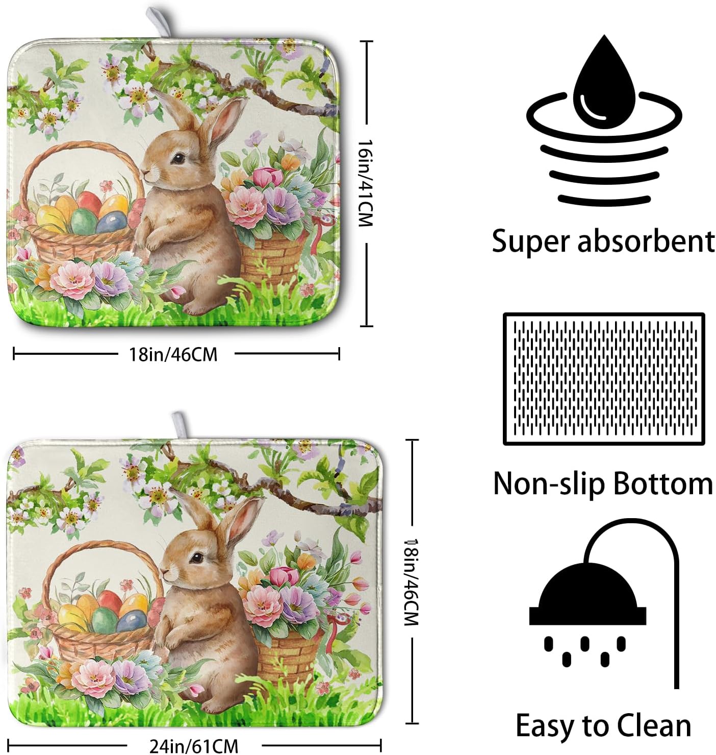 Easter Egg Bunny Dish Drying Mat for Kitchen Counter Floral Flower Basket Drying Mats Absorbent Dish Pad Spring Summer Holiday Medium Dish Draining Mat 18x24 inch