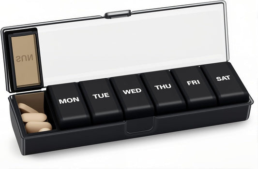 Silicone Weekly Pill Organizer 7 Day, Arthritis-Friendly Medicine Box Daily Pill Box, Large Medicine Case with Shell, Compact Travel Pill Container for Pill, Vitamin, & Fish Oil (Black)