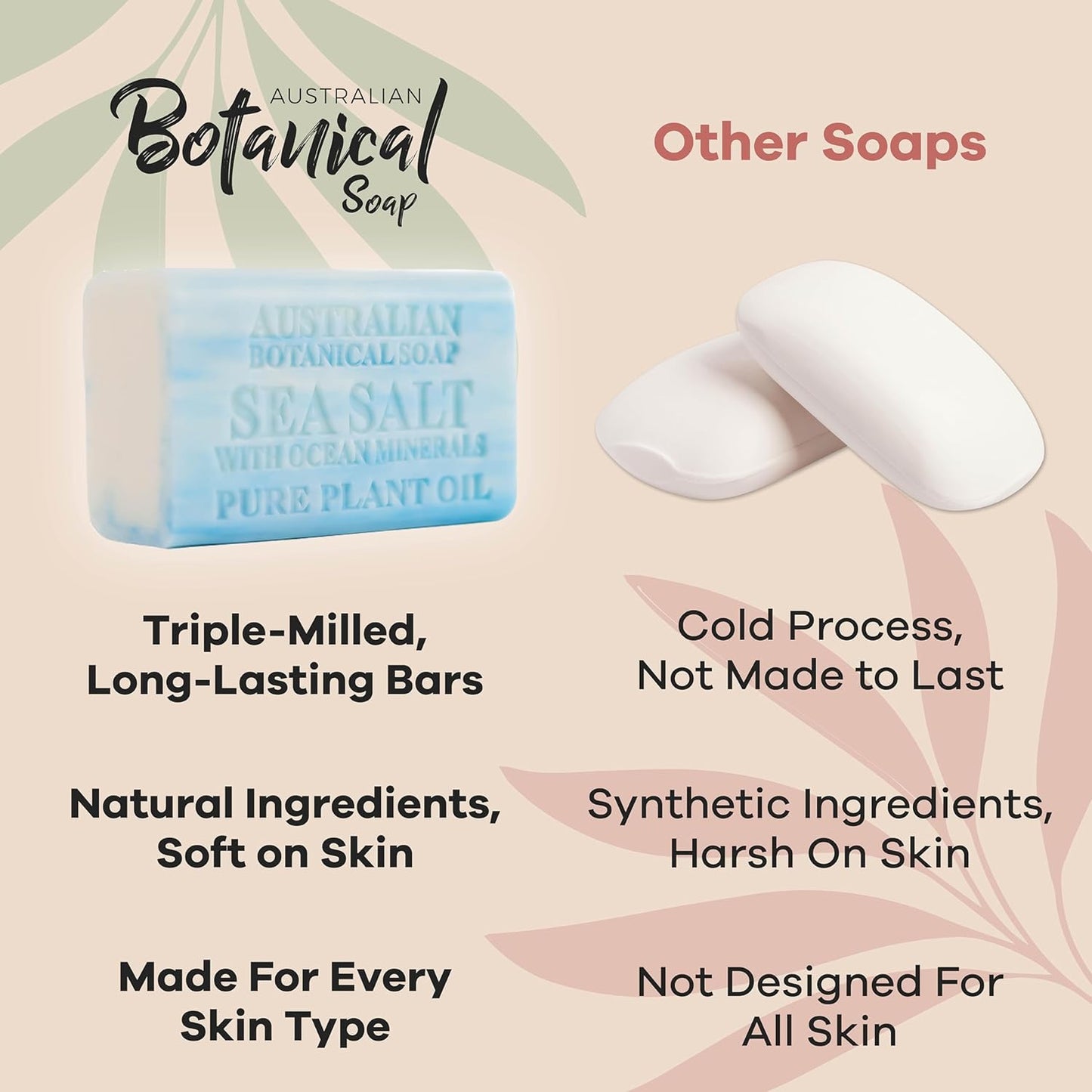 Australian Botanical Soap Sea Salt with Ocean Minerals 6.6 oz Luxury Soap Bars Enriched with Shea Butter, Pack of 4 - Packaging May Vary