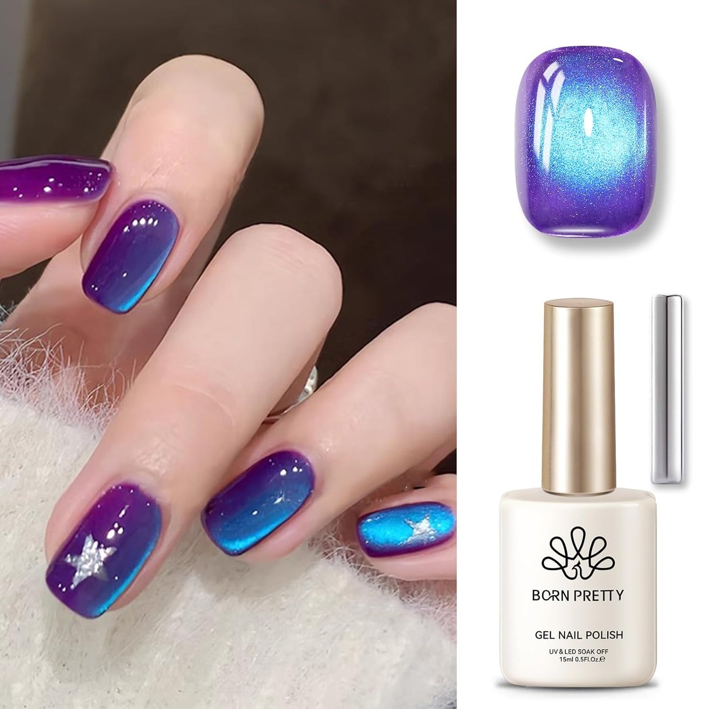 BORN PRETTY Cat Magnetic Eye Gel Nail Polish,Indigo To Violet Gradient Magnetic Gel Polish Blueberry Cat Magnetic Eye Gel Manicure Nail Art DIY 15ml