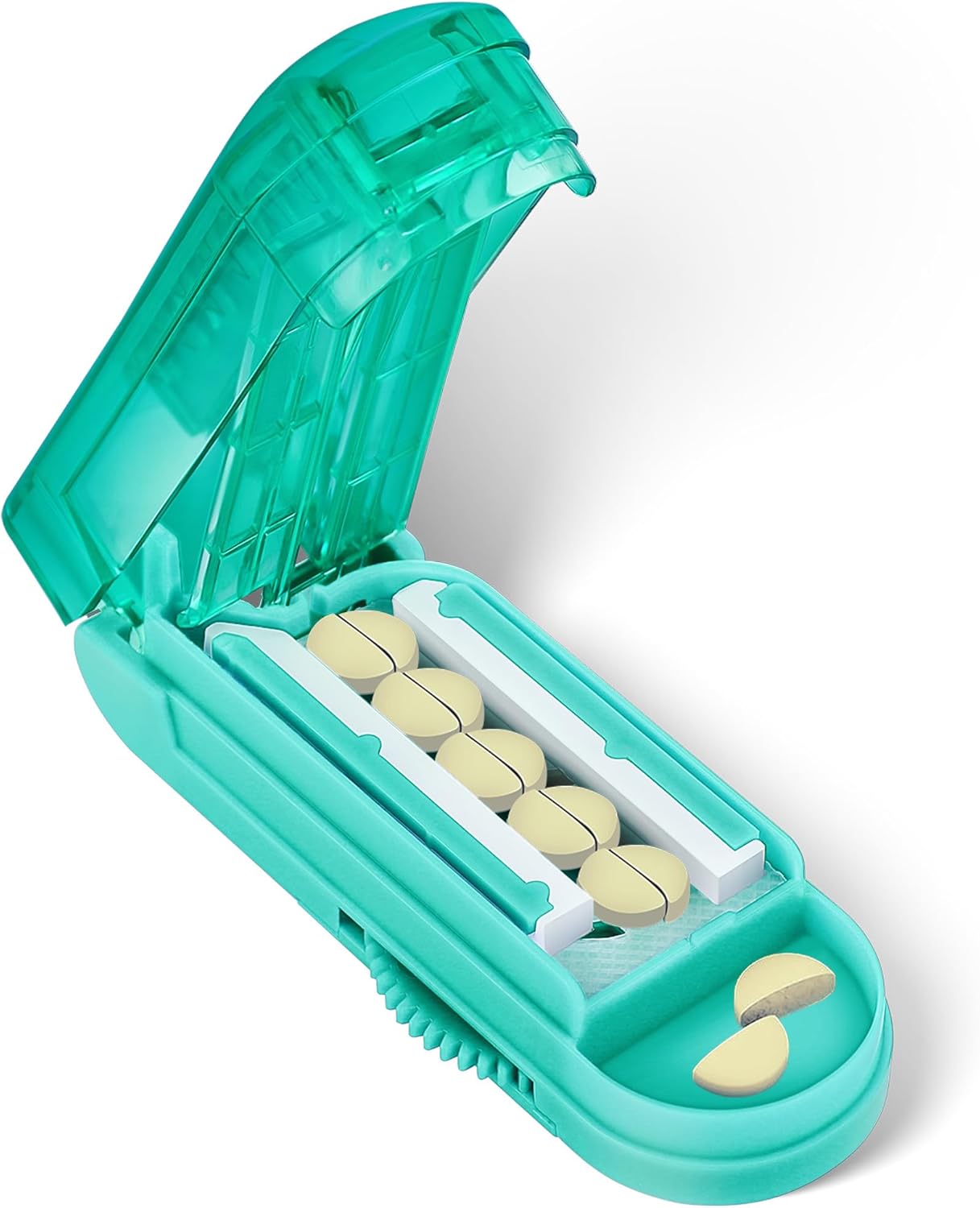 Pill Cutter Splitter for Small and Tiny Pills, Pill Cutter for Small or Large Pills, Pill Splitter for Multiple Pills at a Time with Centering Device and Stainless Steel Blade (Cyan)