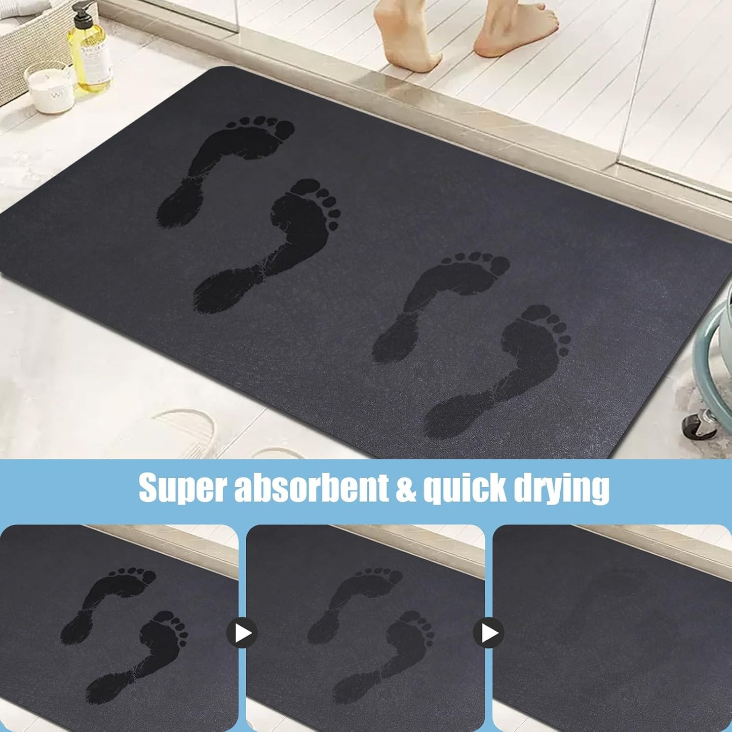 Diatomaceous Earth Bath mat Bathroom Rugs Super Absorbent Quick Dry Non Slip Bath Mat Thin Bathroom Floor Mats Fit Under Door-Shower Rug for in Front of Bathtub Shower, Dark Grey, 15.7"x35.4"